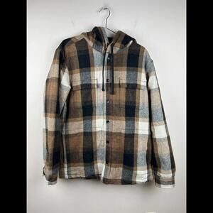 Prana Classic Wool Plaid Hooded Flannel Shirt Jacket Quilted Lining Mens Size L